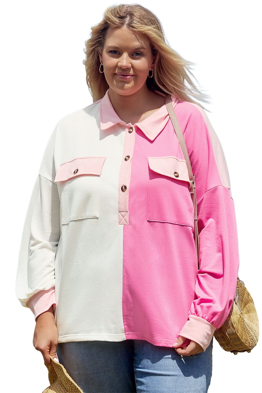 Bonbon Color Block Chest Pockets Half Button Plus Size Sweatshirt - Love Salve