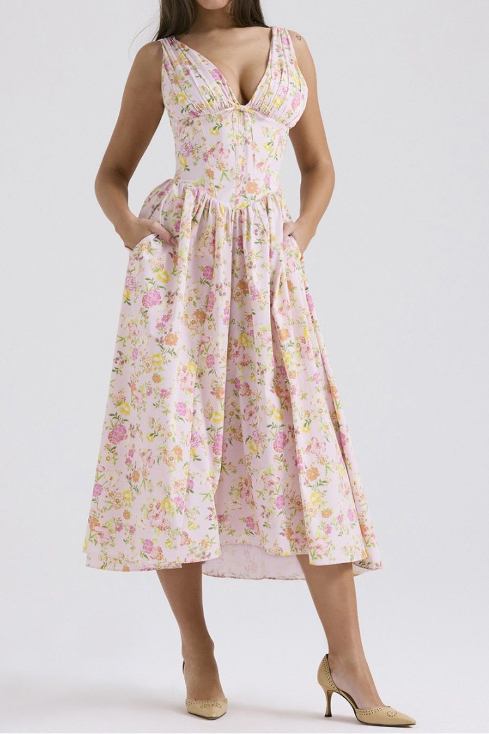 Garden Muse V-Neck Midi Dress with Pockets