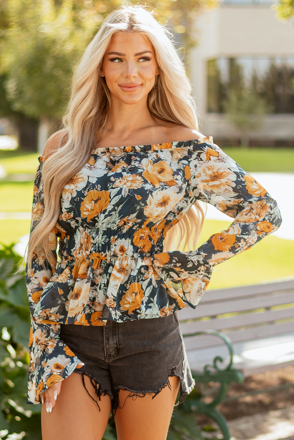 Premium Blue Floral Off Shoulder Bell Sleeve Smocked Peplum Top