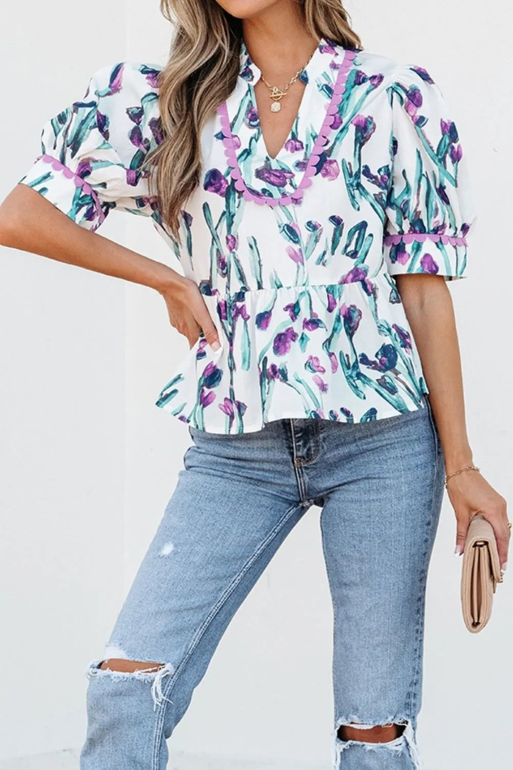 Floral Ricrac Trim Half Sleeve Peplum Top