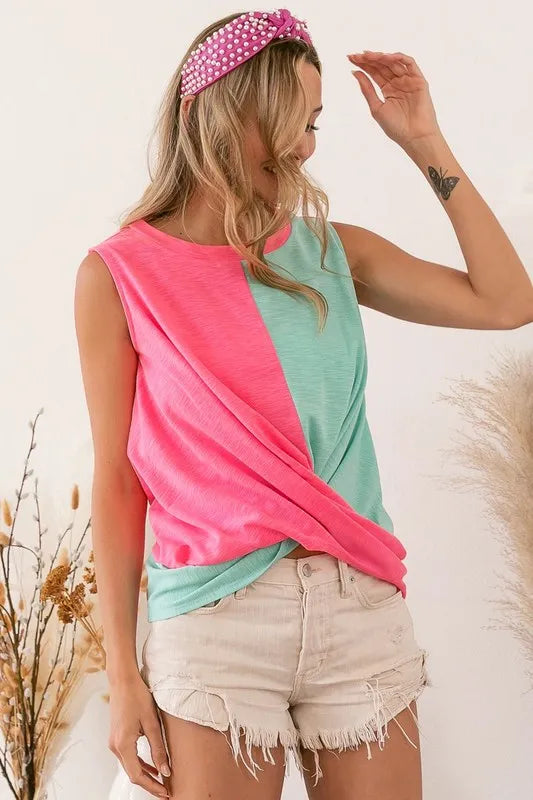 BiBi Slub Terry Color Block Twisted Top - Love Salve