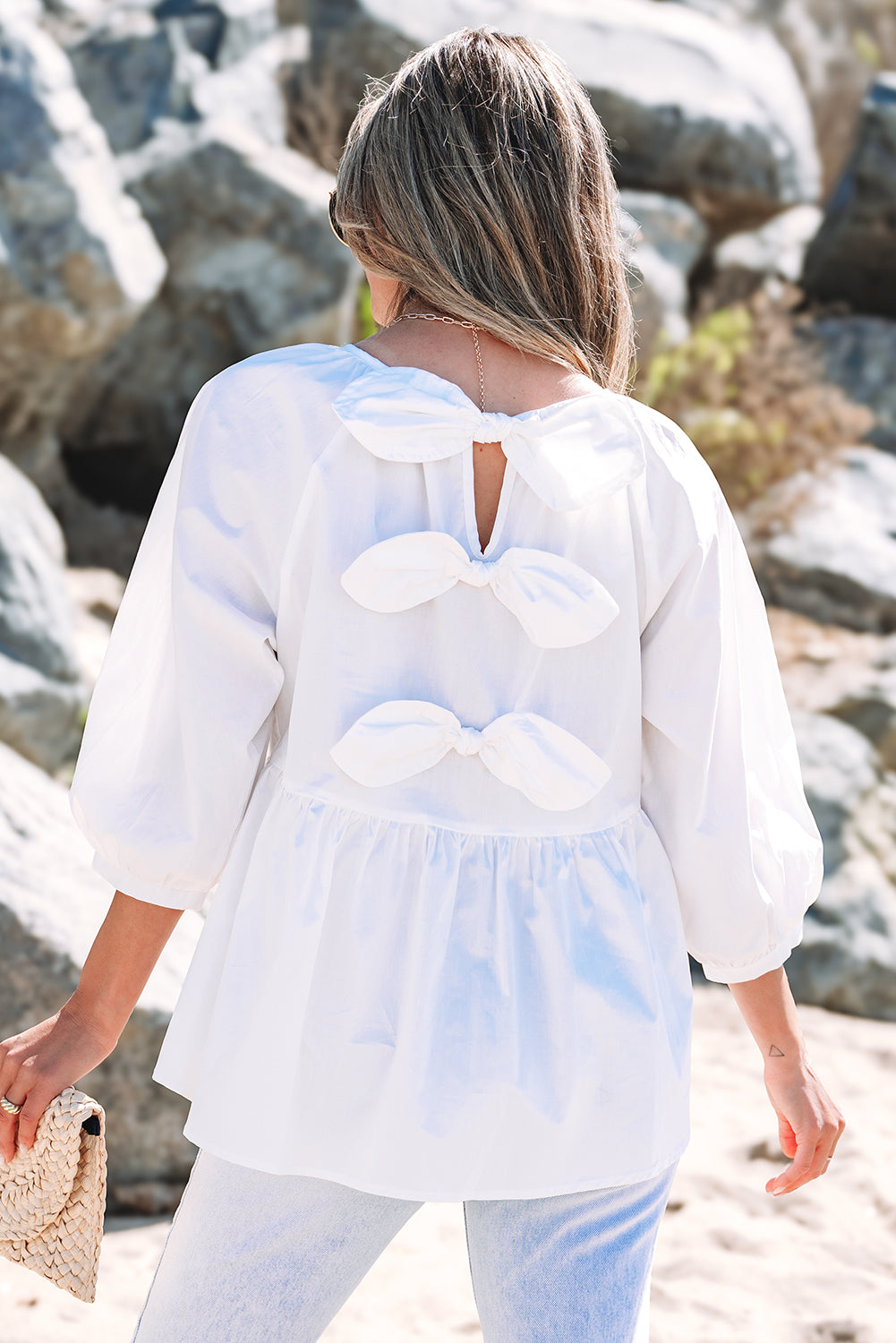 Weiße Bluse mit Schleife, Knoten und Ausschnitt, 3/4-Ärmel, lockere Passform