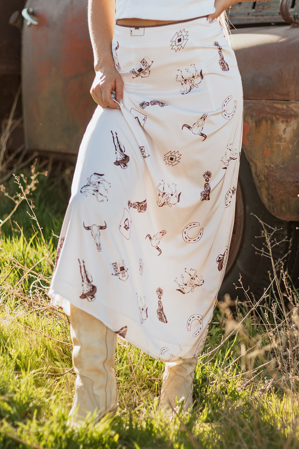Beige Western Print Satin Long Skirt for Stylish Outfits