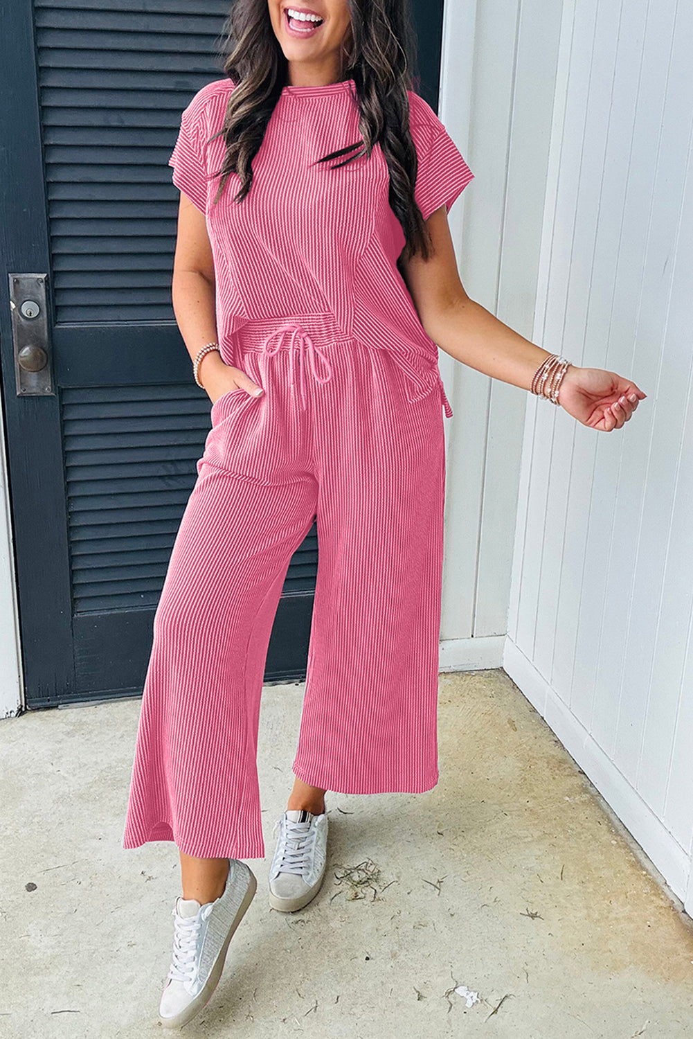 Bright Pink Solid Corded Knit Short Sleeve T Shirt Set