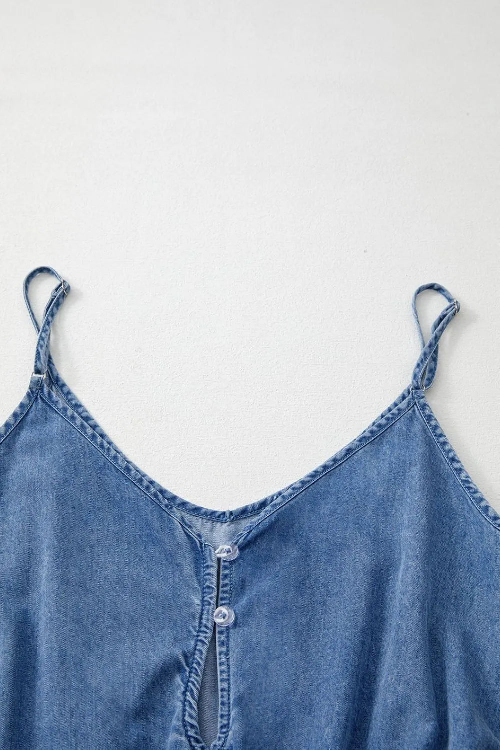 Spaghetti Straps V Neck Belted Ruffled Leg Chambray Romper