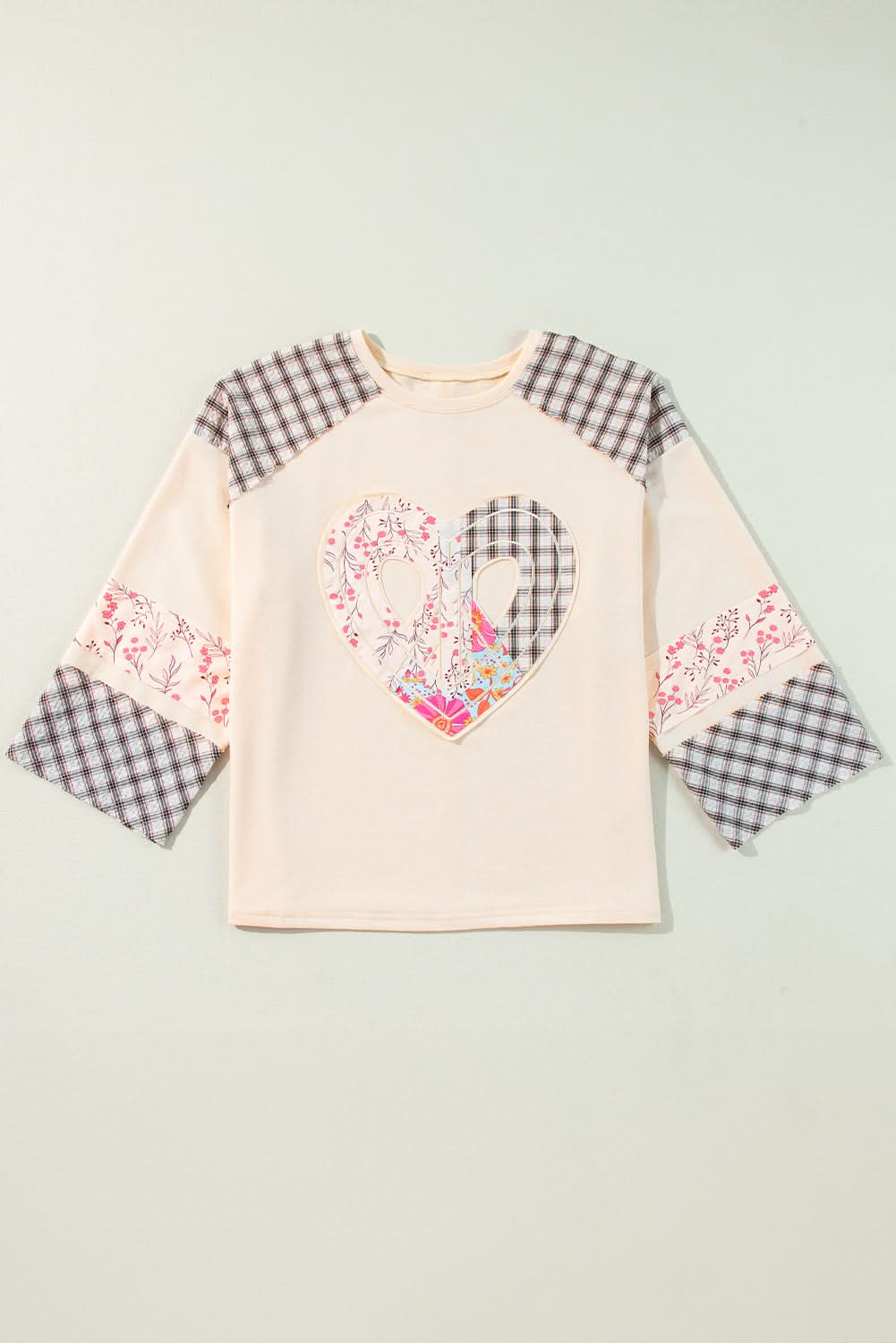 Beige Plaid Floral Peace Heart Graphic Wide Long Sleeve Top - Love Salve