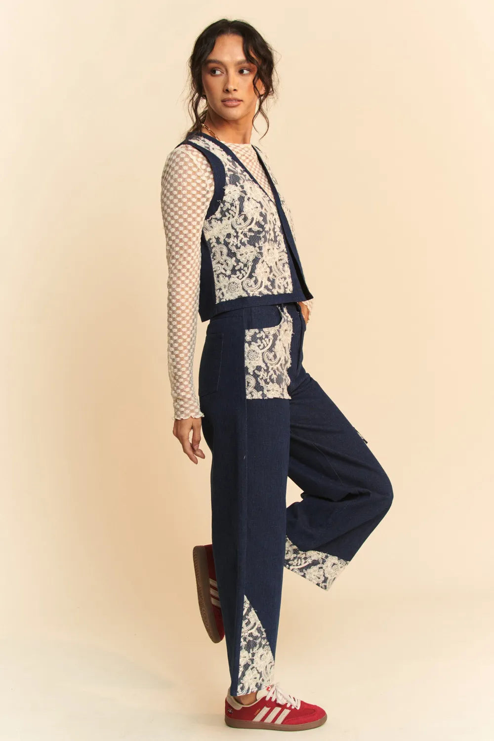 Davi and Dani Lace Patch Open Front Denim Vest - Love Salve