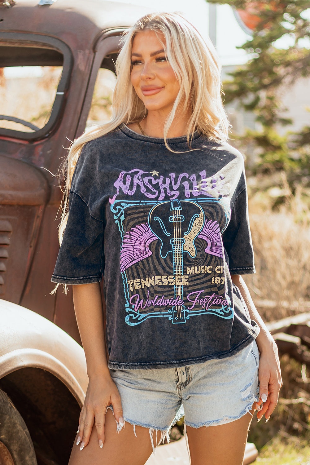 Black Vintage Nashville Tennessee Graphic Mineral Washed Tee