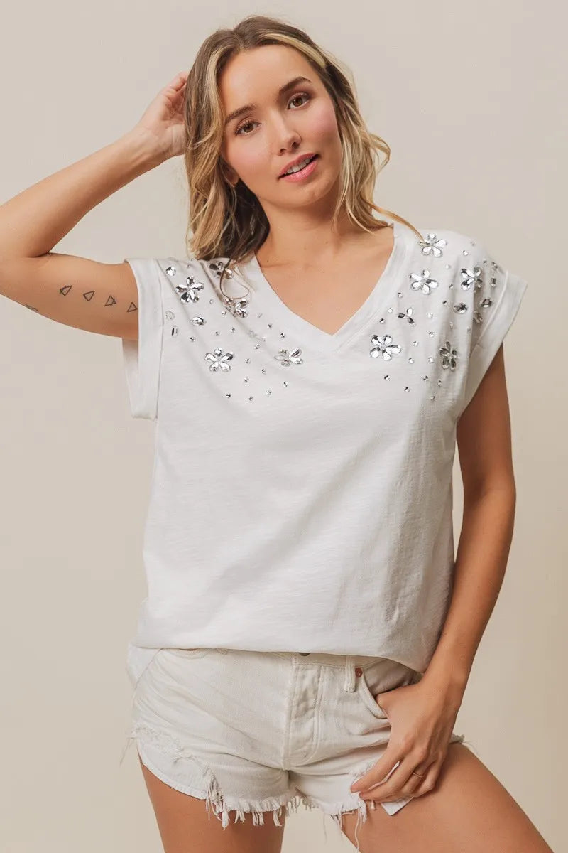 BiBi Slub Jersey Rhinestone V Neck Top - Love Salve
