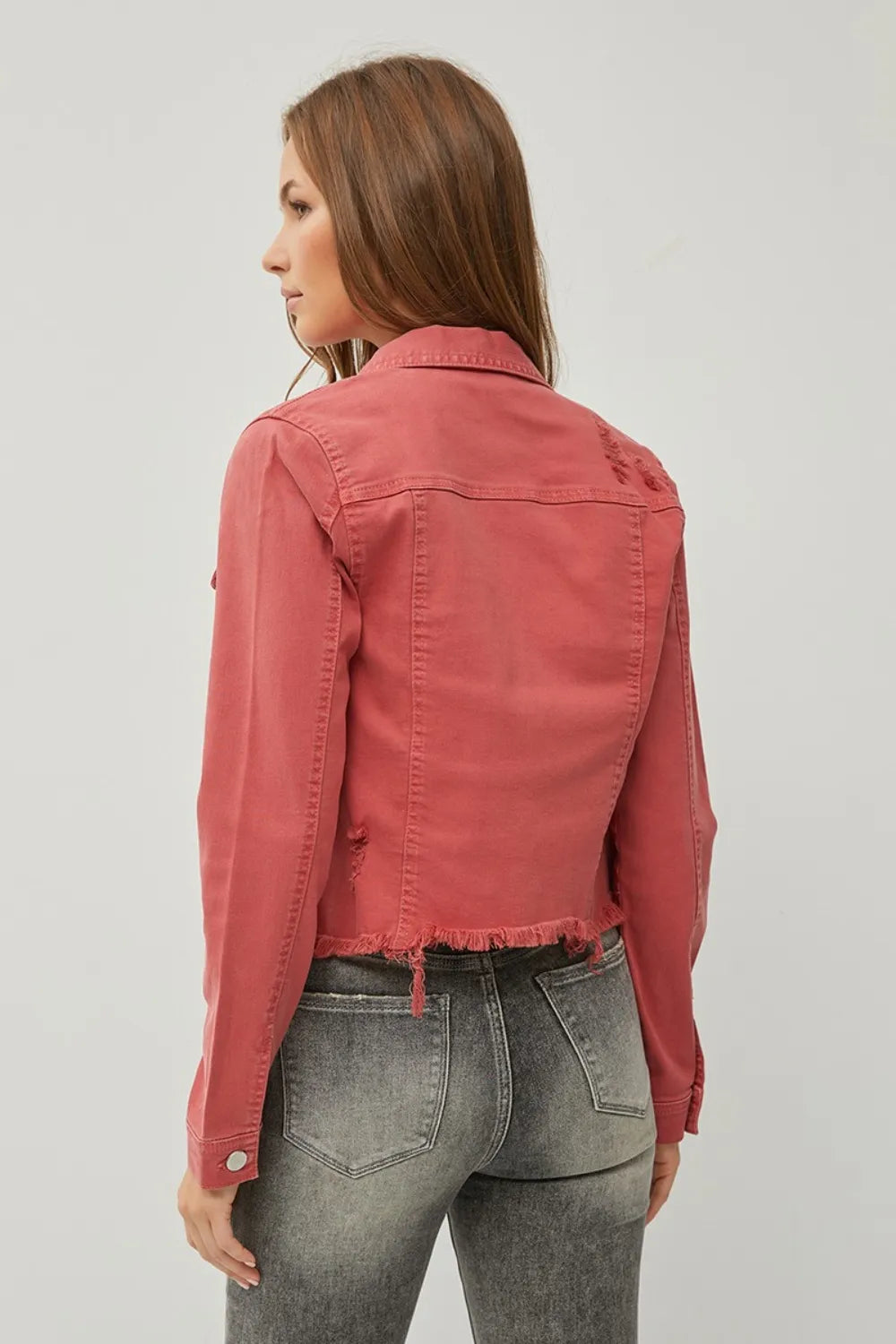 Risen Full Size Raw Hem Button Up Cropped Denim Jacket Plus Size - Love Salve