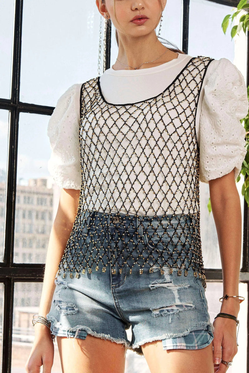 ADORA Beads Accent Fishnet Tank Top for Bold Fashion Style - Love Salve