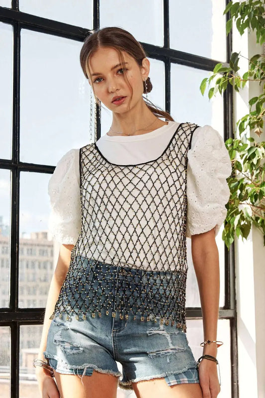 ADORA Beads Accent Fishnet Tank Top for Bold Fashion Style - Love Salve