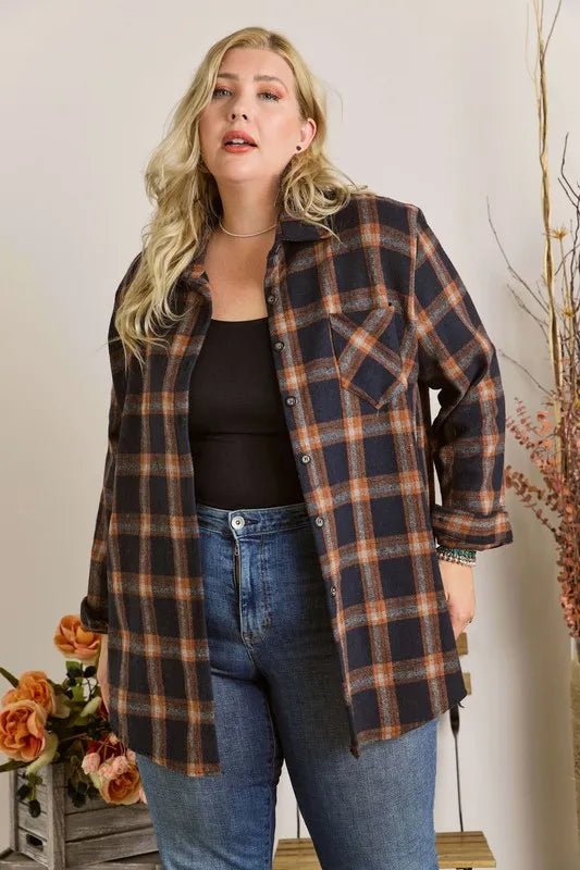 ADORA Full Size Button Down Flannel Shirt Plus Size Cozy Shirt - Love Salve