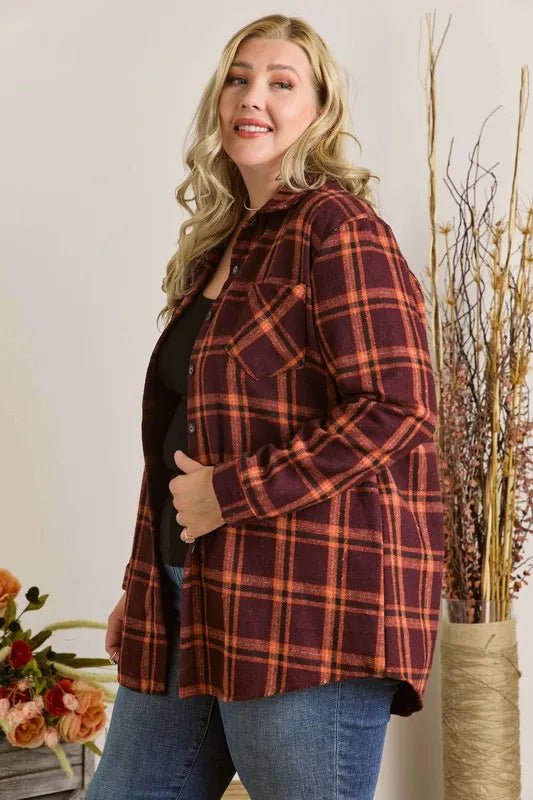 ADORA Full Size Button Down Flannel Shirt Plus Size Cozy Wear - Love Salve