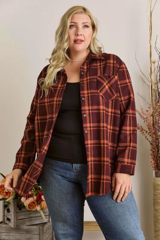 ADORA Full Size Button Down Flannel Shirt Plus Size Cozy Wear - Love Salve