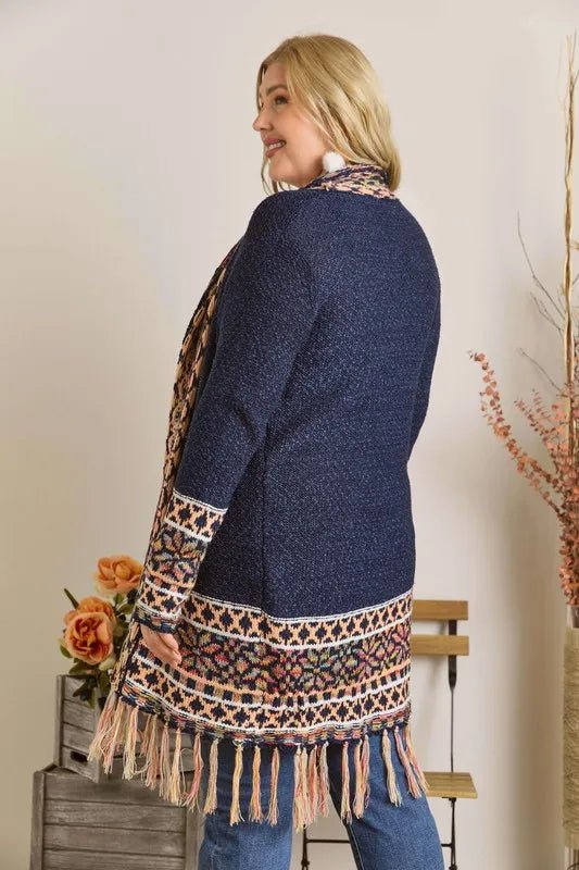 ADORA Full Size Fringe Hem Aztec Border Cardigan Plus Size - Love Salve