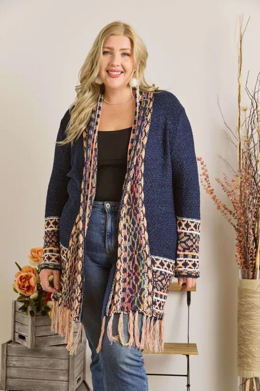 ADORA Full Size Fringe Hem Aztec Border Cardigan Plus Size - Love Salve