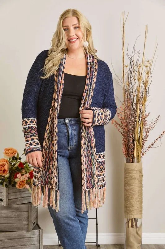 ADORA Full Size Fringe Hem Aztec Border Cardigan Plus Size - Love Salve