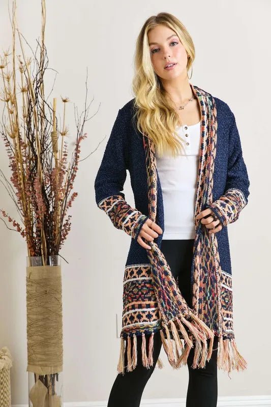 ADORA Full Size Fringe Hem Aztec Border Cardigan Plus Size - Love Salve