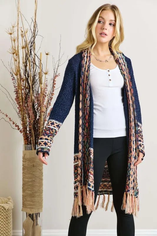 ADORA Full Size Fringe Hem Aztec Border Cardigan Plus Size - Love Salve