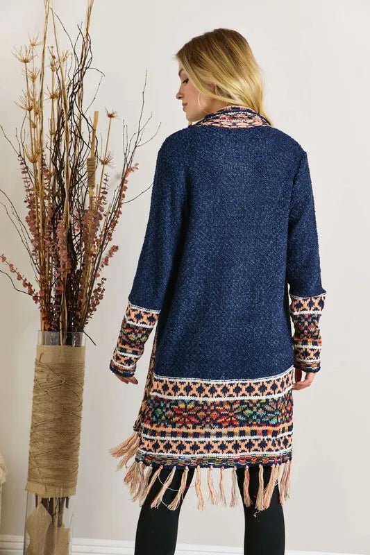 ADORA Full Size Fringe Hem Aztec Border Cardigan Plus Size - Love Salve