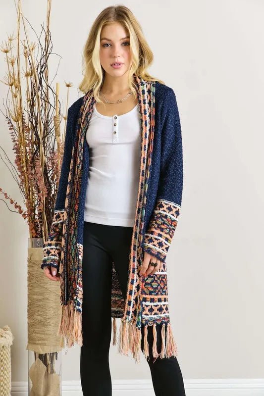 ADORA Full Size Fringe Hem Aztec Border Cardigan Plus Size - Love Salve