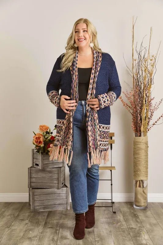 ADORA Full Size Fringe Hem Aztec Border Cardigan Plus Size - Love Salve