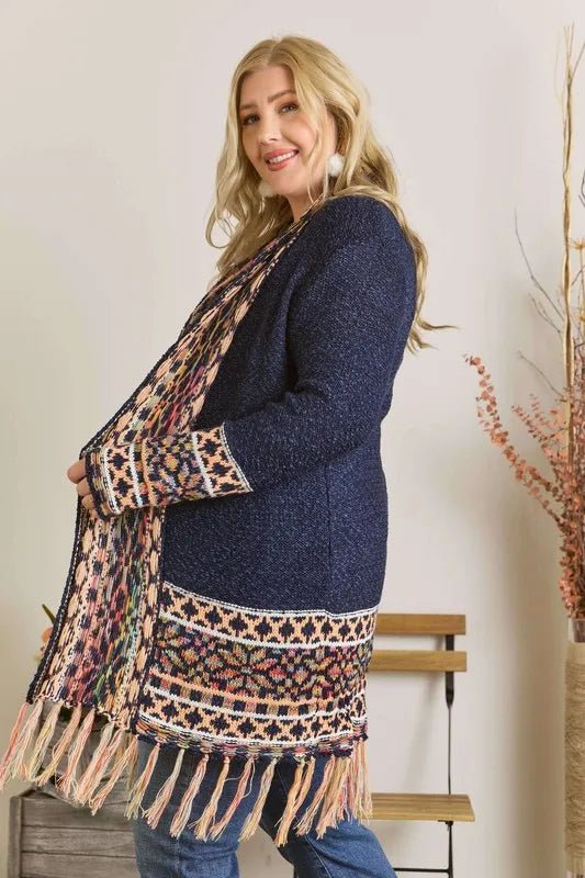 ADORA Full Size Fringe Hem Aztec Border Cardigan Plus Size - Love Salve