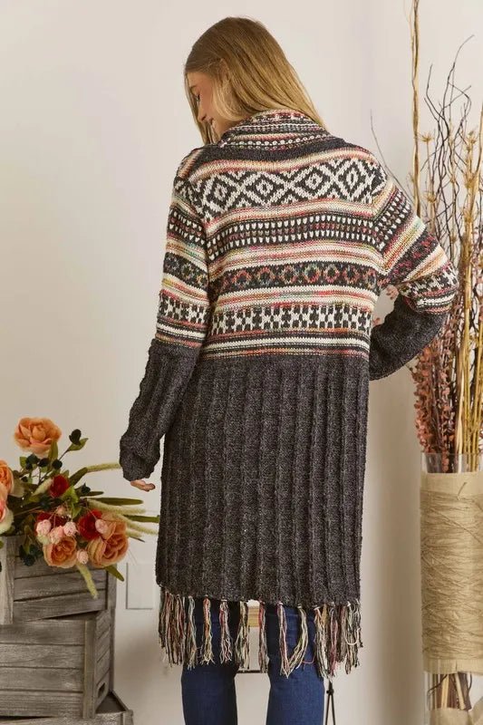 ADORA Full Size Fringe Hem Aztec Cardigan Plus Size - Love Salve