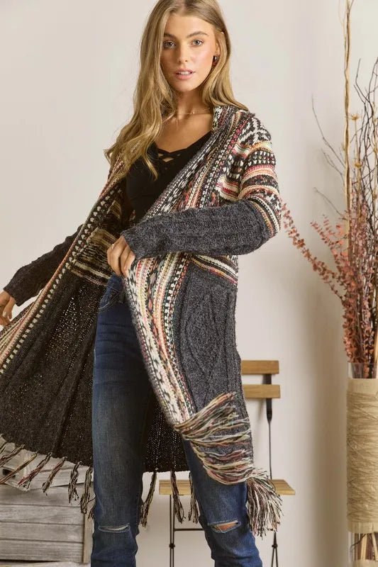 ADORA Full Size Fringe Hem Aztec Cardigan Plus Size - Love Salve