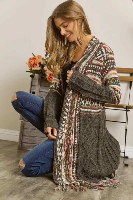 ADORA Full Size Fringe Hem Aztec Cardigan Plus Size - Love Salve