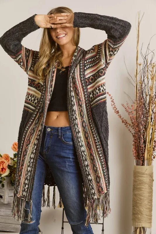 ADORA Full Size Fringe Hem Aztec Cardigan Plus Size - Love Salve