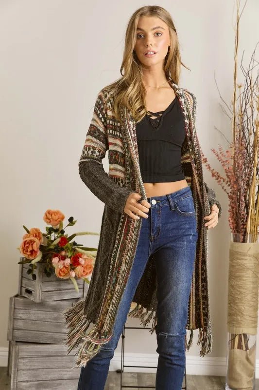 ADORA Full Size Fringe Hem Aztec Cardigan Plus Size - Love Salve