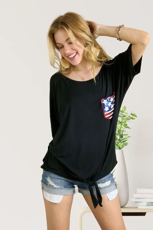 ADORA Sequin US Flag Pocketed Top for Patriotic Style - Love Salve