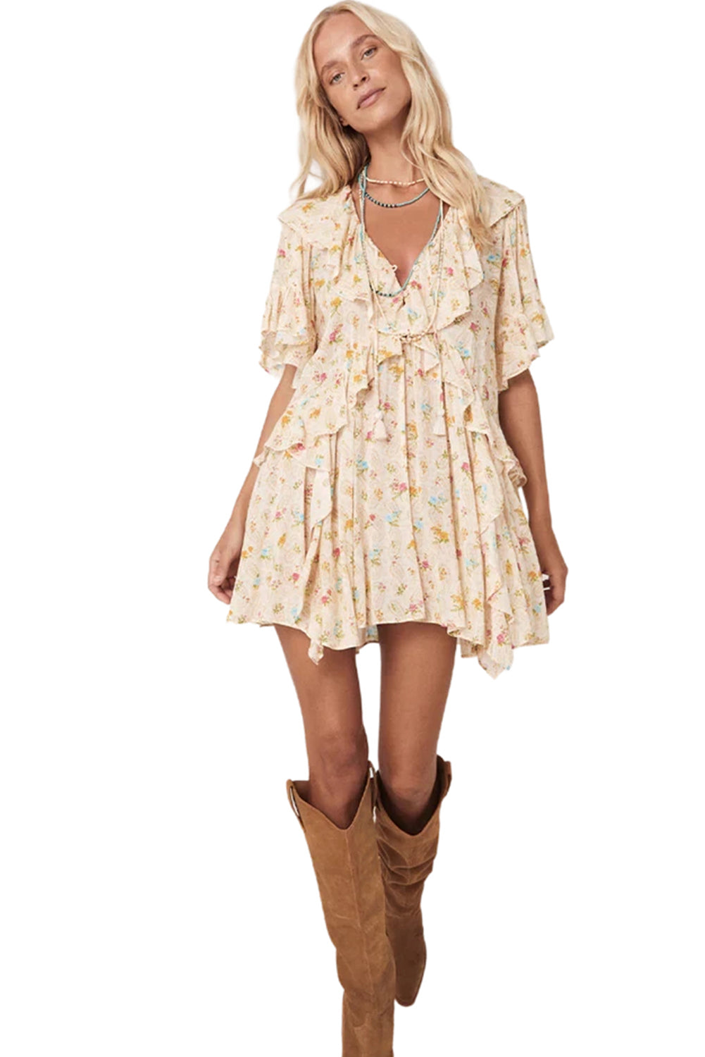 Apricot Boho Floral Tassel Tie V Neck Ruffle Mini Dress