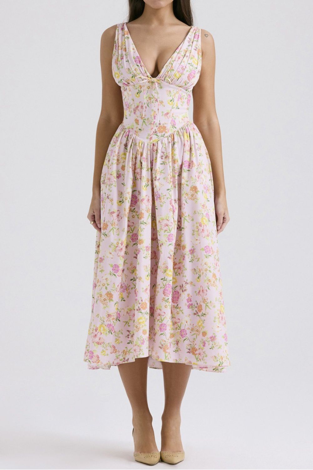 Garden Muse V-Neck Midi Dress with Pockets