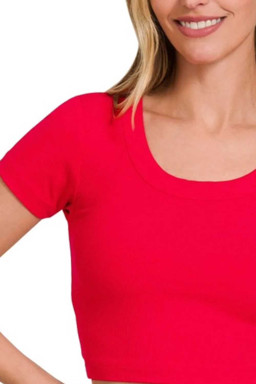 Zenana Ribbed Scoop Neck Crop Short Sleeve Top - Love Salve
