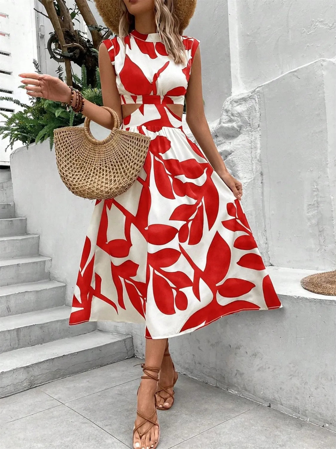 Tropical Cutout Cap Sleeve Midi Dress