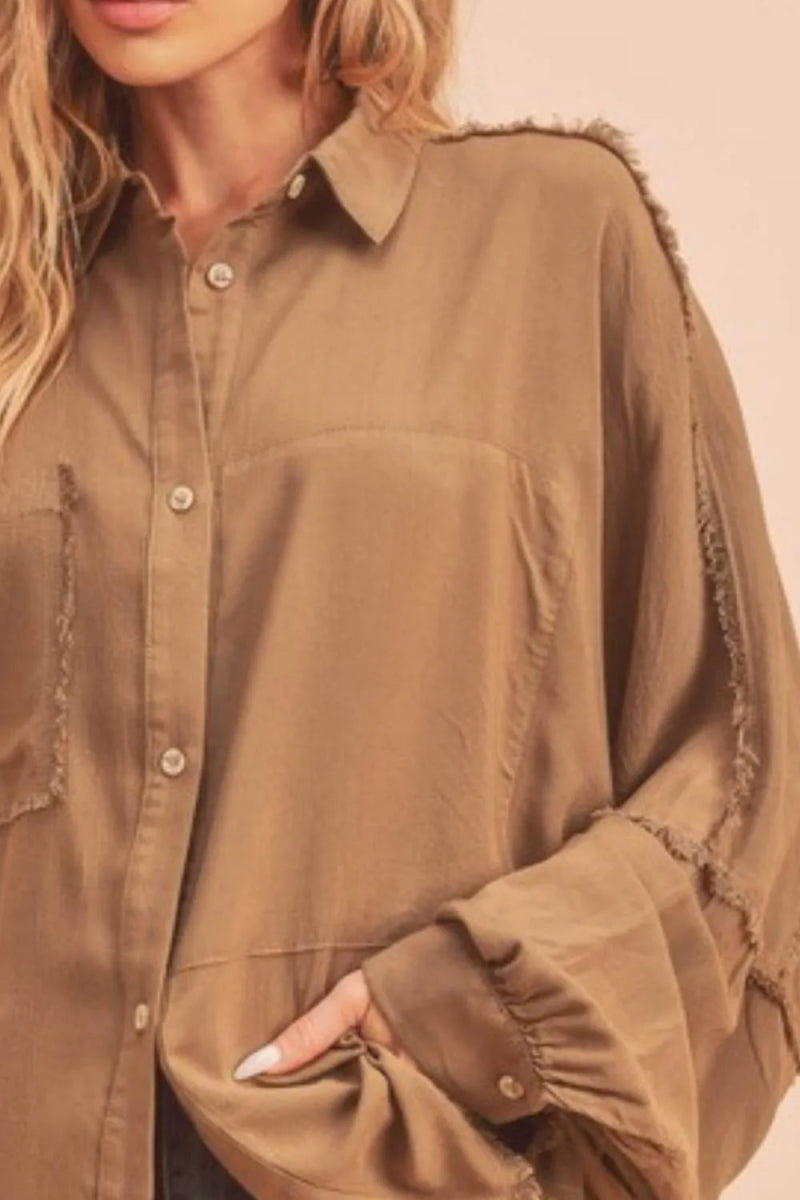 Aemi + Co Raw Edge Exposed Seam Collared Neck Shirt - Love Salve