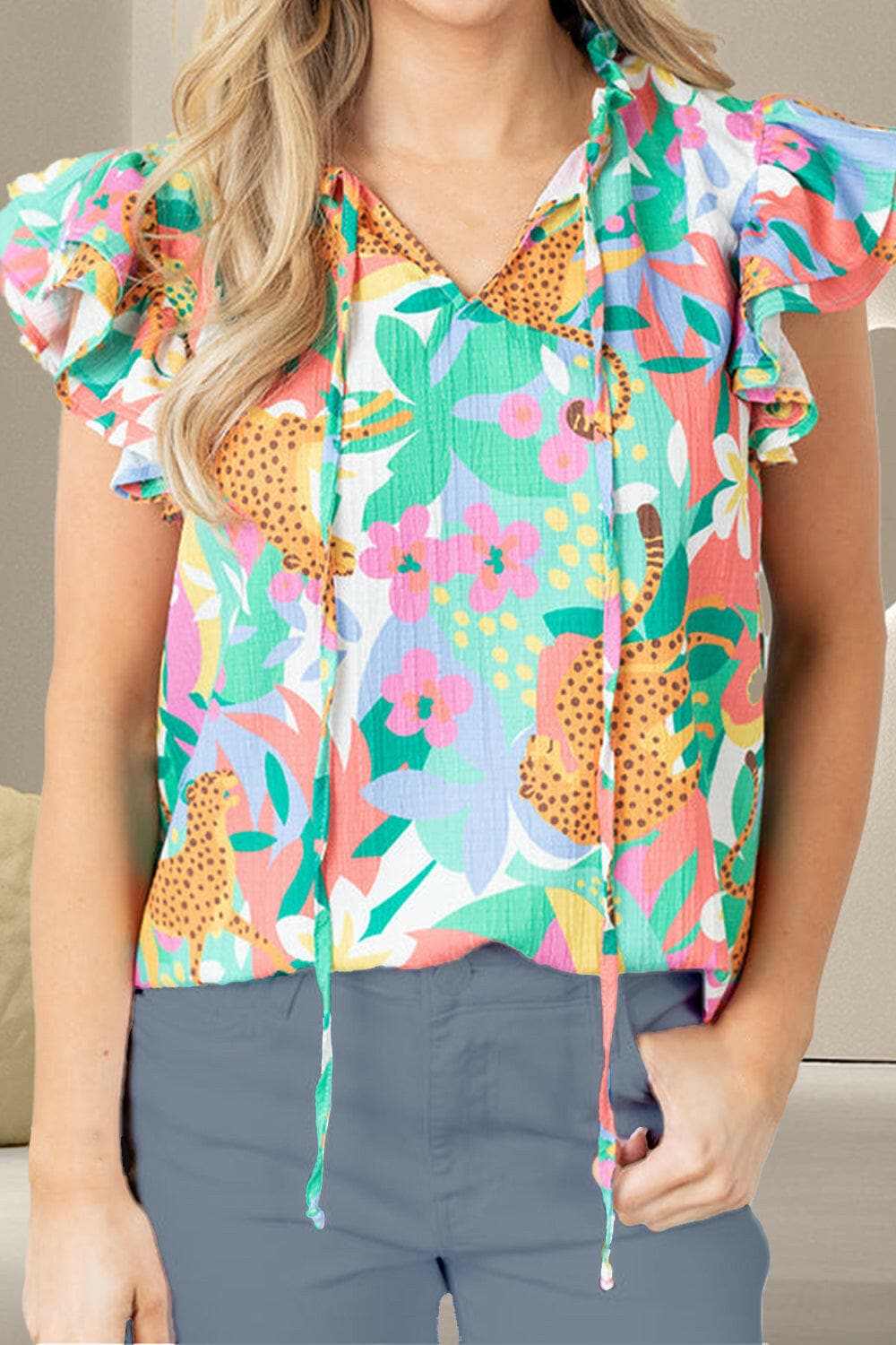 Ruffled tie neck blouse - cap sleeves, printed design - Love Salve