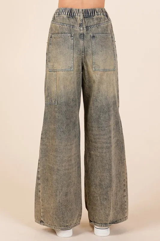 Mittoshop Washed Wide Leg Jeans With Pockets - Love Salve