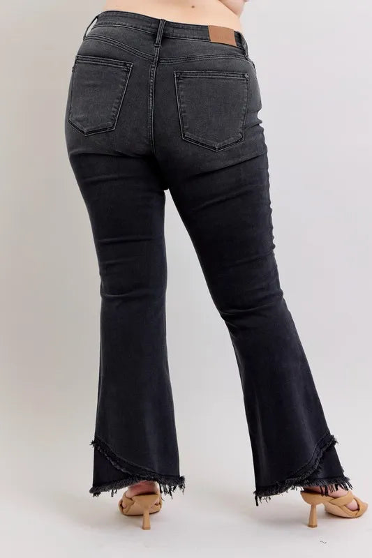 Judy Blue Full Size High Waist Flare Jeans With Mock Fray Tulip Hem Plus Size - Love Salve