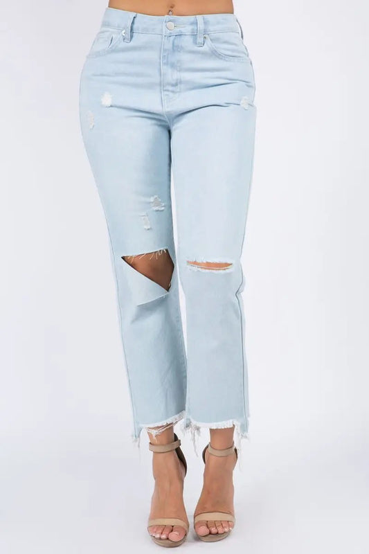 American Bazi High Waist Distressed Raw Hem Jeans for Women - Love Salve