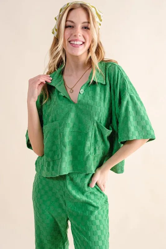 And The Why Brushed Texture Checker Board Pattern Casual Top - Love Salve