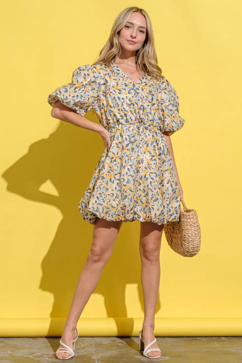And The Why Full Size Floral Surplice Puff Sleeve Dress - Love Salve