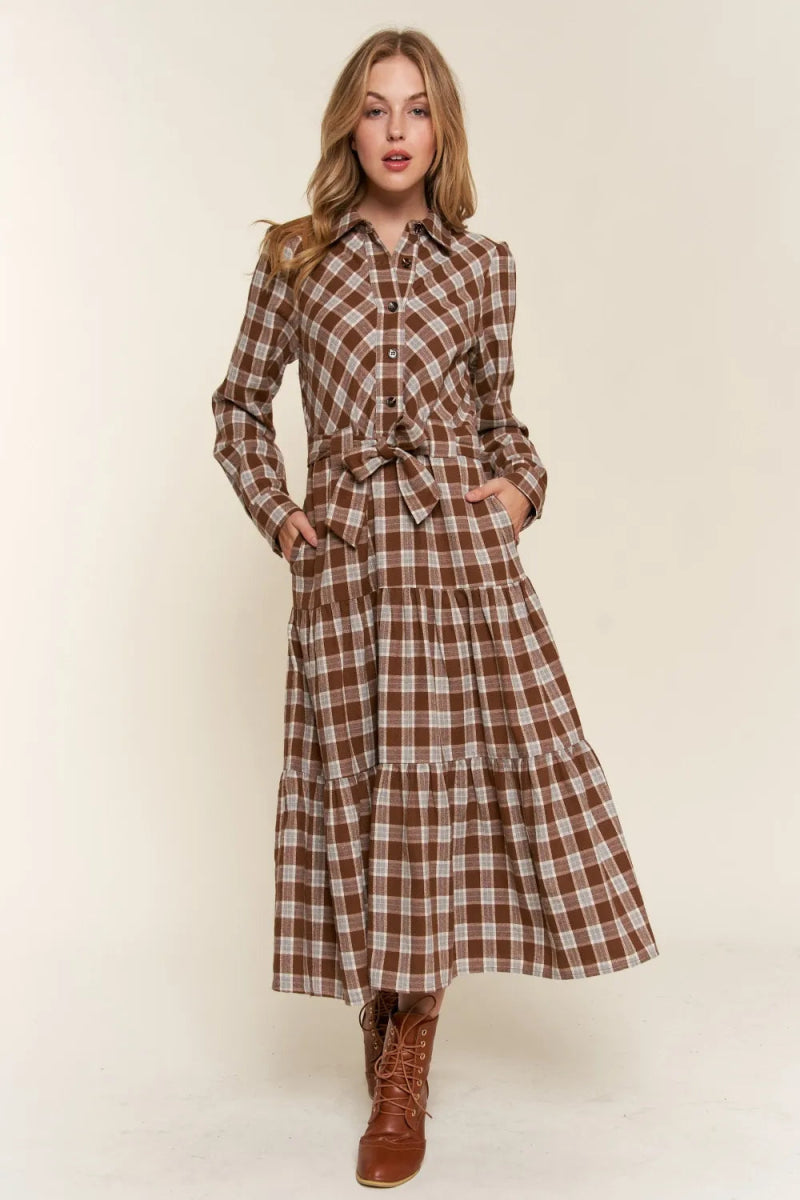 And The Why Plaid Tiered Midi Shirt Dress For Women - Love Salve