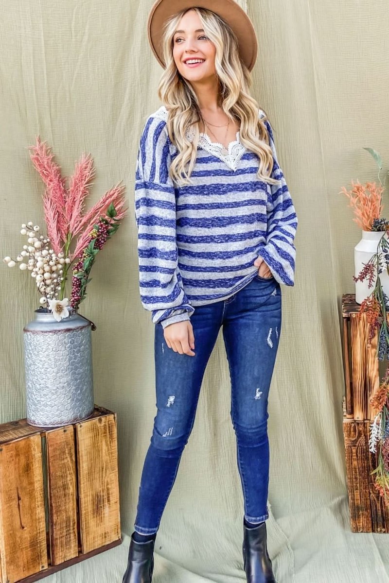 And The Why Striped Lace Detail V Neck Top - Love Salve