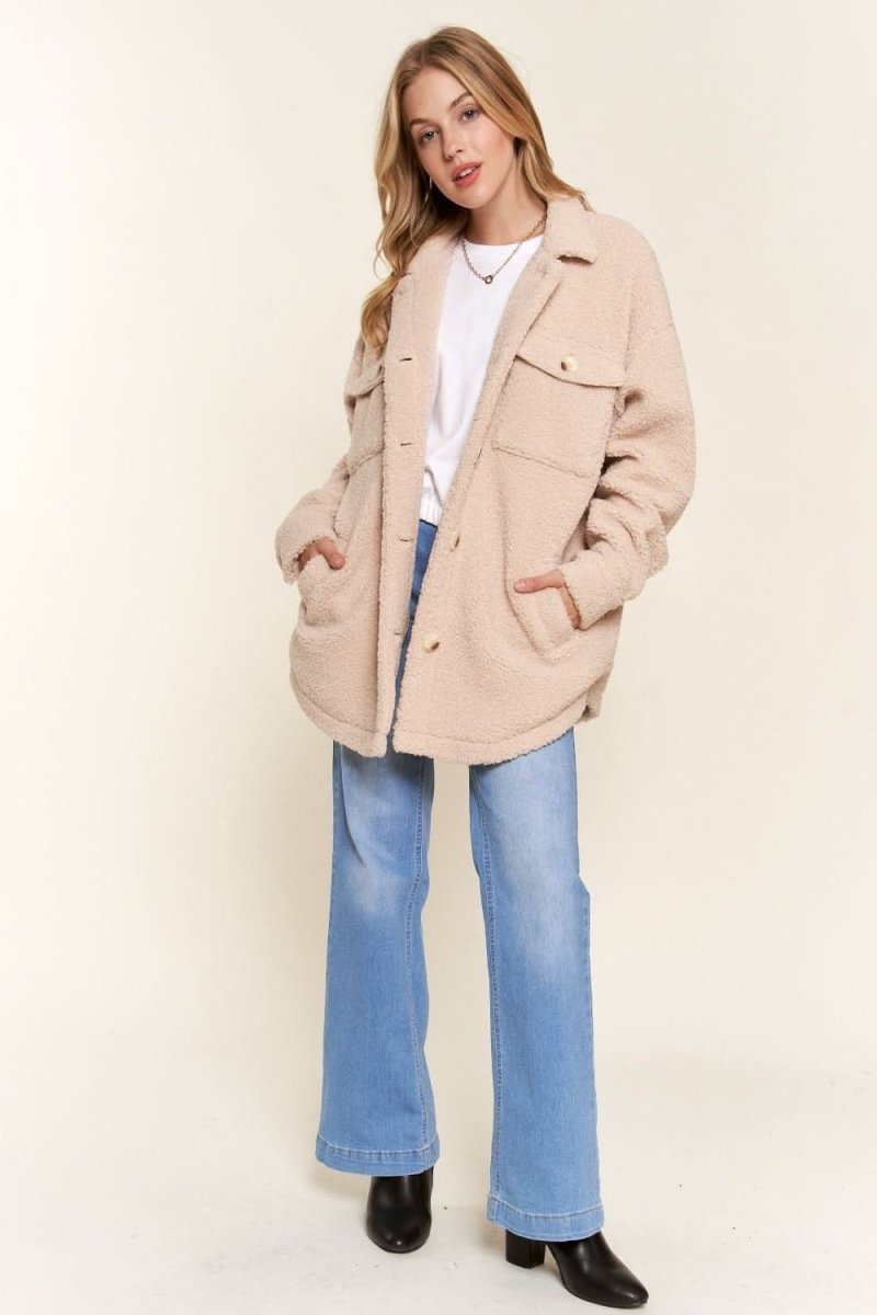 And The Why Teddy Sherpa Button Down Curved Hem Shacket - Love Salve