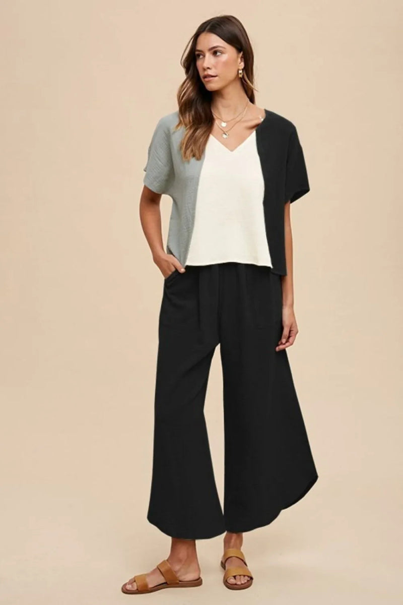 Annie Wear Color Block Cotton Gauze V-Neck Top for Women - Love Salve