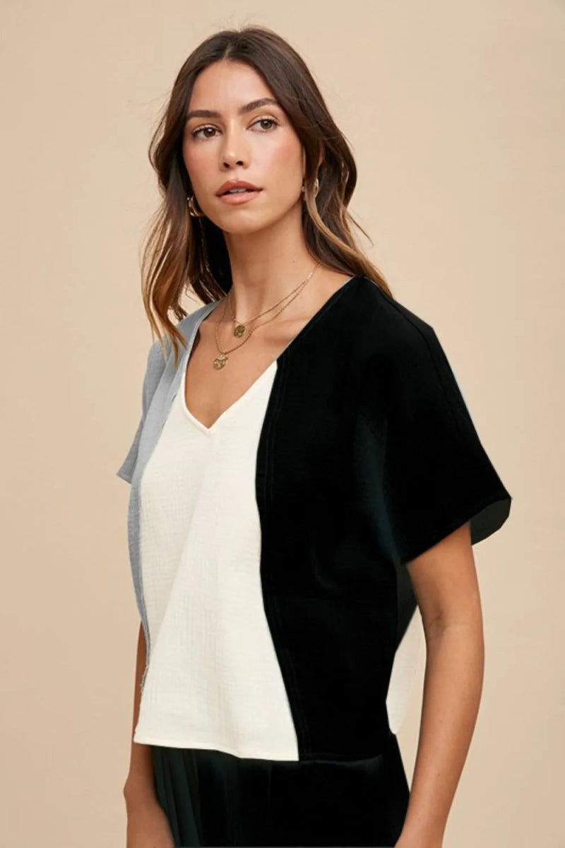 Annie Wear Color Block Cotton Gauze V-Neck Top for Women - Love Salve